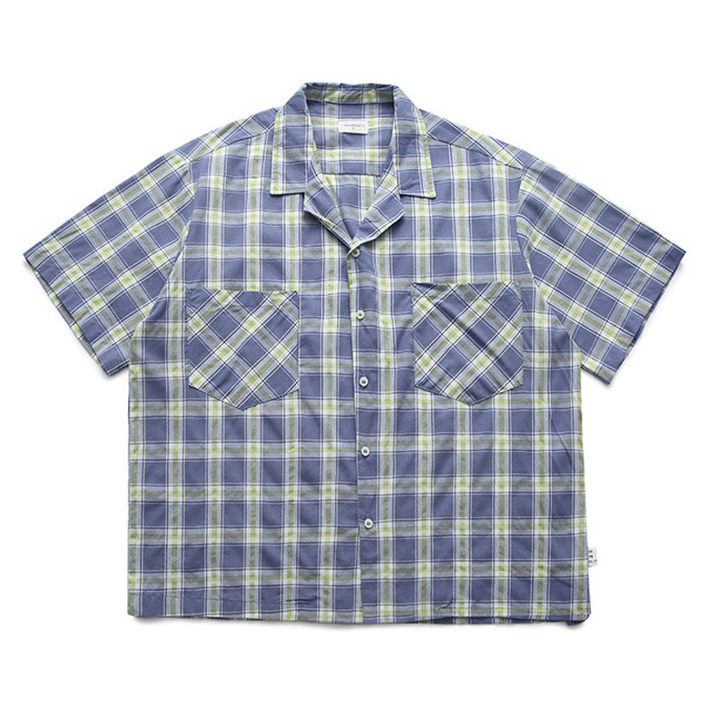 Classic checkered fold-over neck short-sleeved shirt