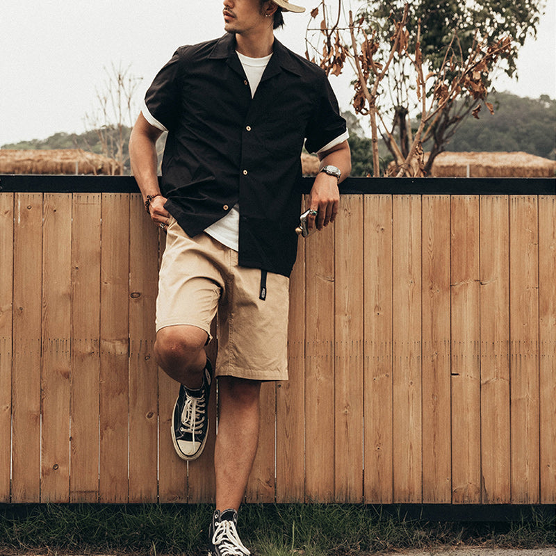Solid Cuban collar print short sleeve shirt