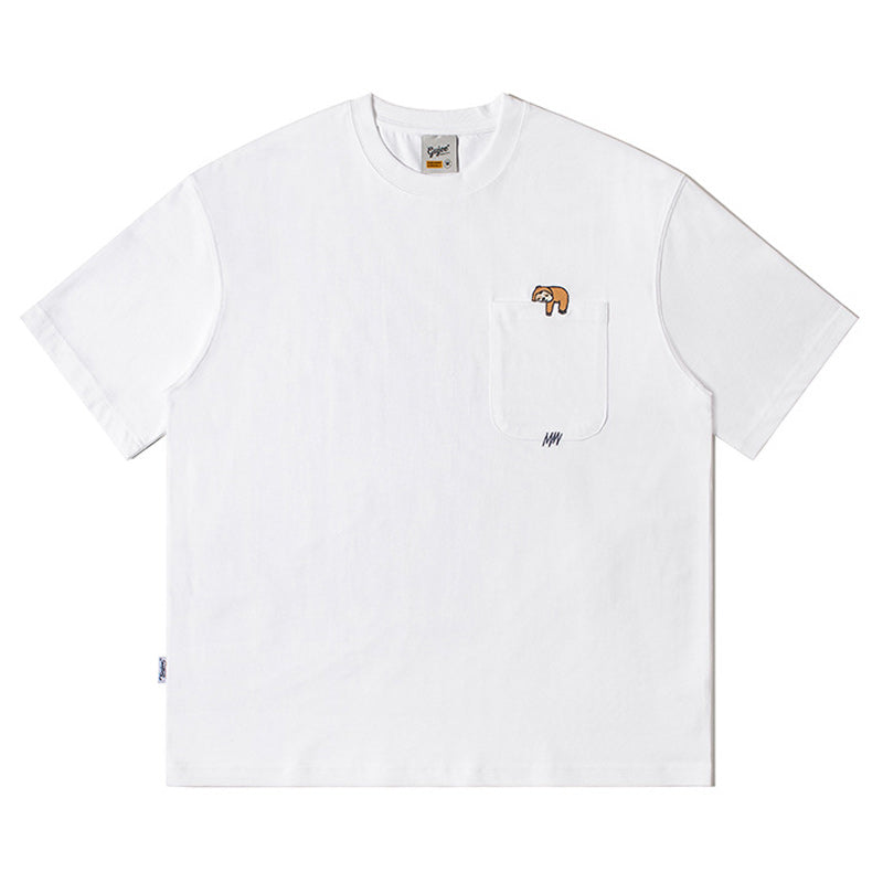 Embroidered pocket plain casual short sleeve T-shirt