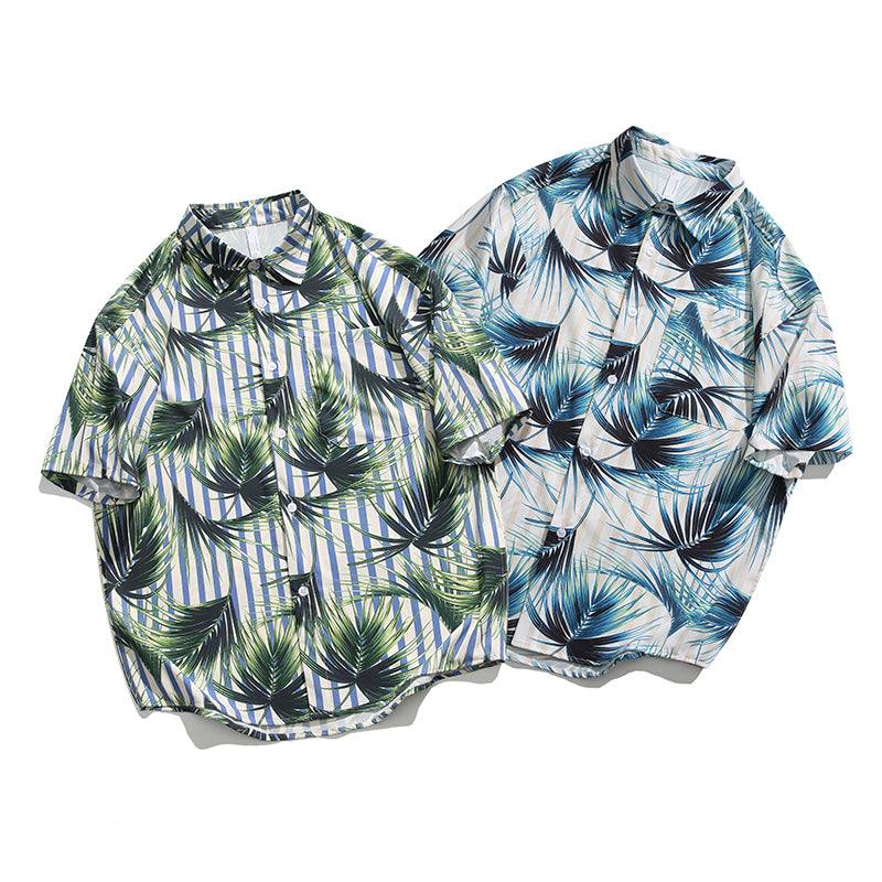 Striped Leaf Print Short Sleeve Aloha Shirt