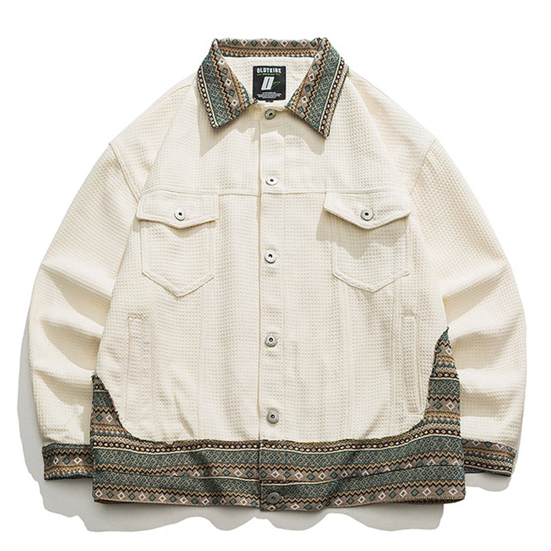 Jacquard patchwork ethnic waffle jacket