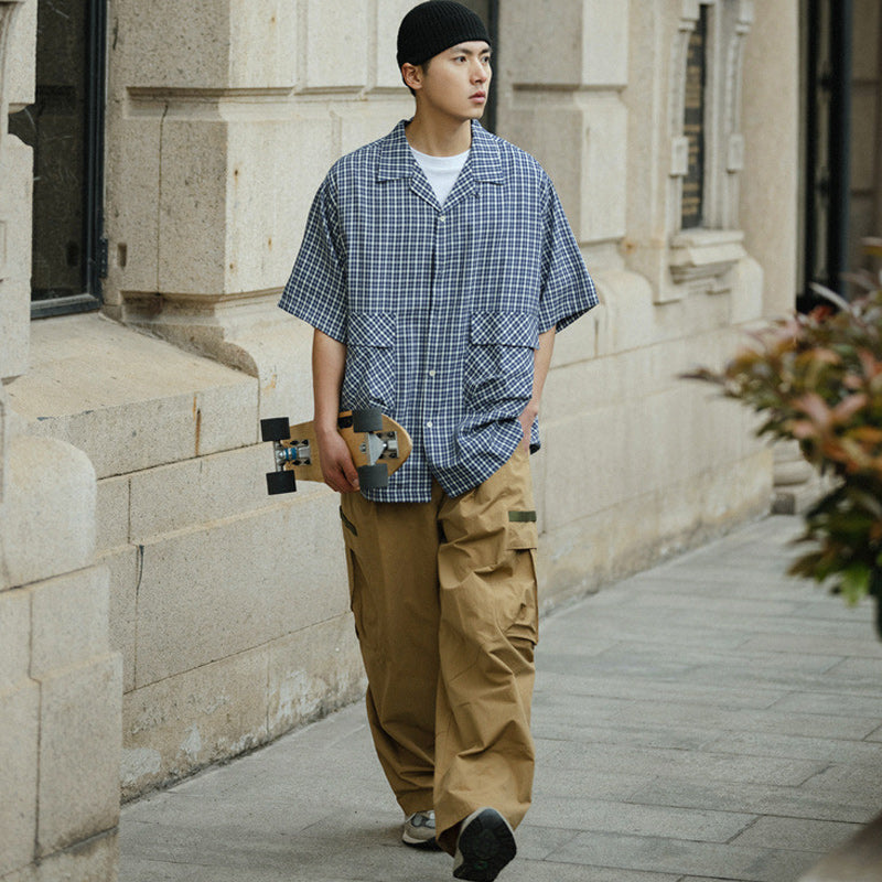 Classic Cuban check pattern work short-sleeved shirt