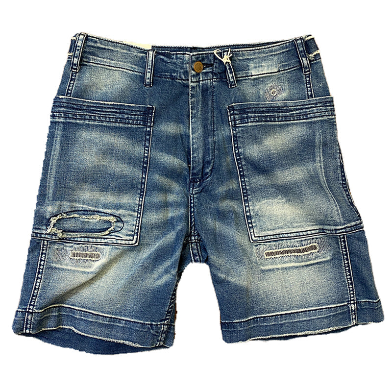 Distressed washed denim shorts