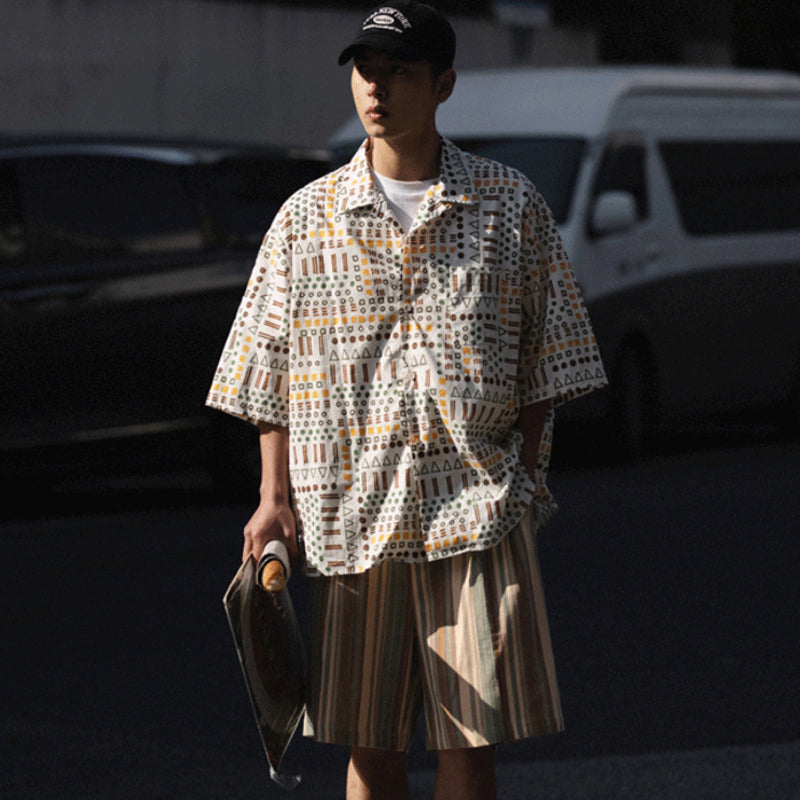 Cuban collar ethnic print short sleeve shirt