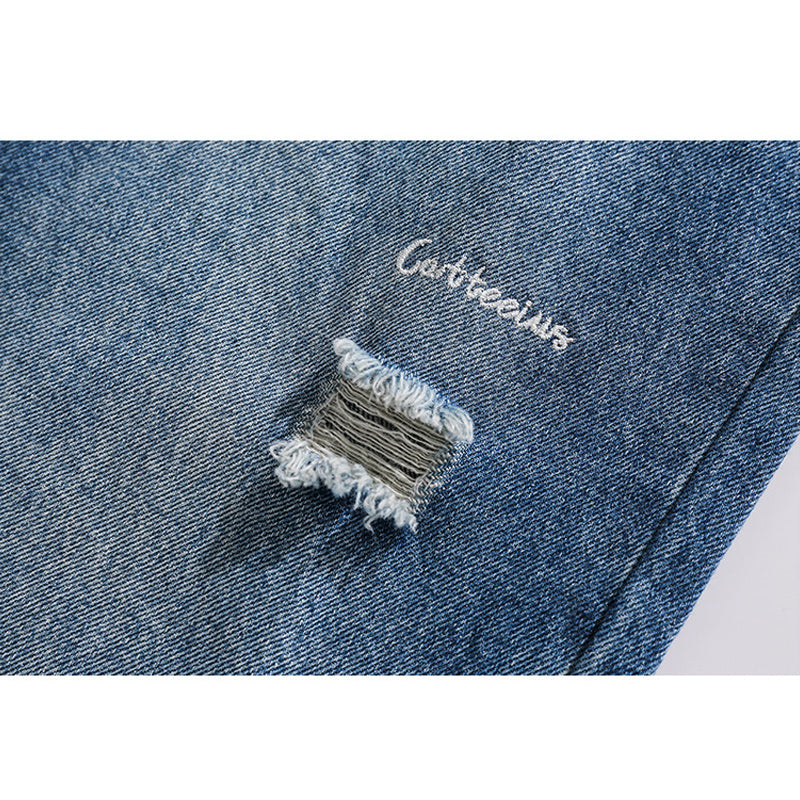 Distressed straight denim pants