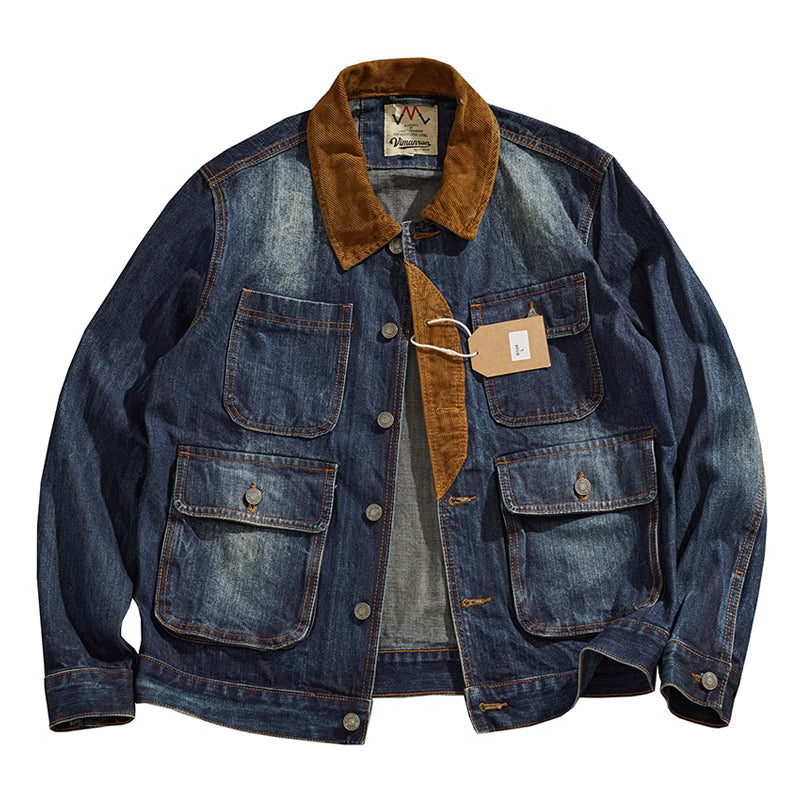 Corduroy-trimmed washed denim jacket