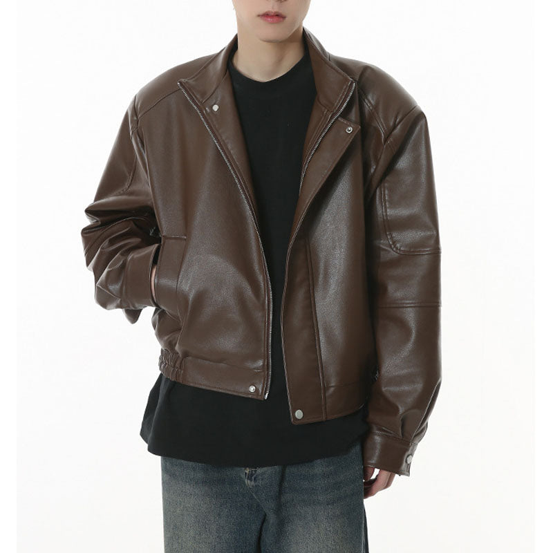 Classic short type shoulder pad simple PU leather jacket