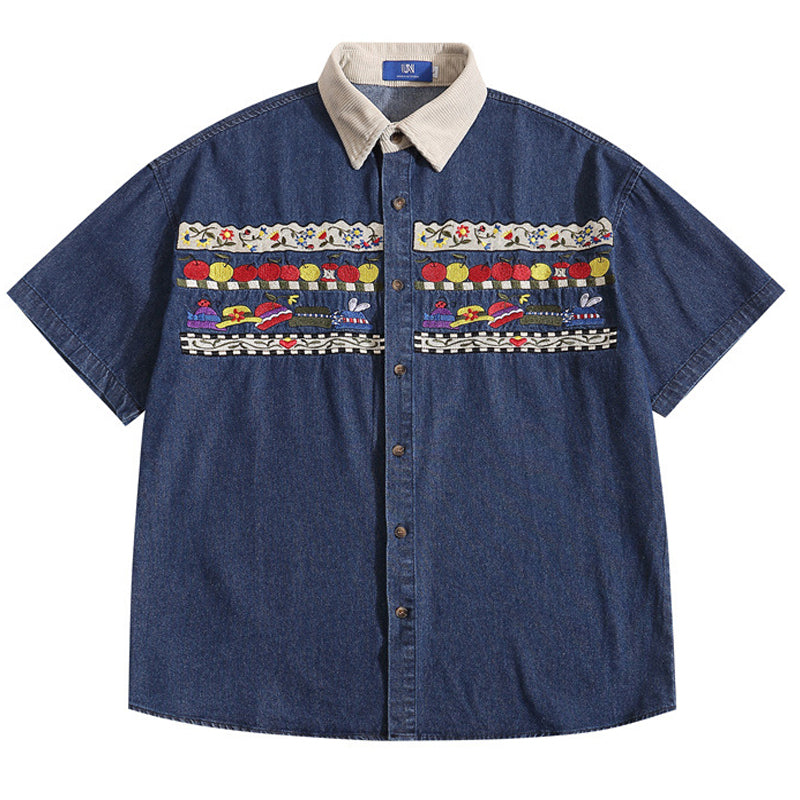 New summer embroidered denim short sleeve shirt