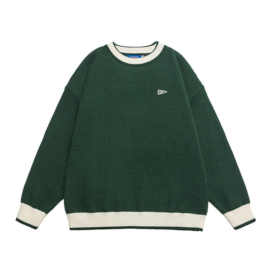 Color-block embroidered round neck pullover knit sweater