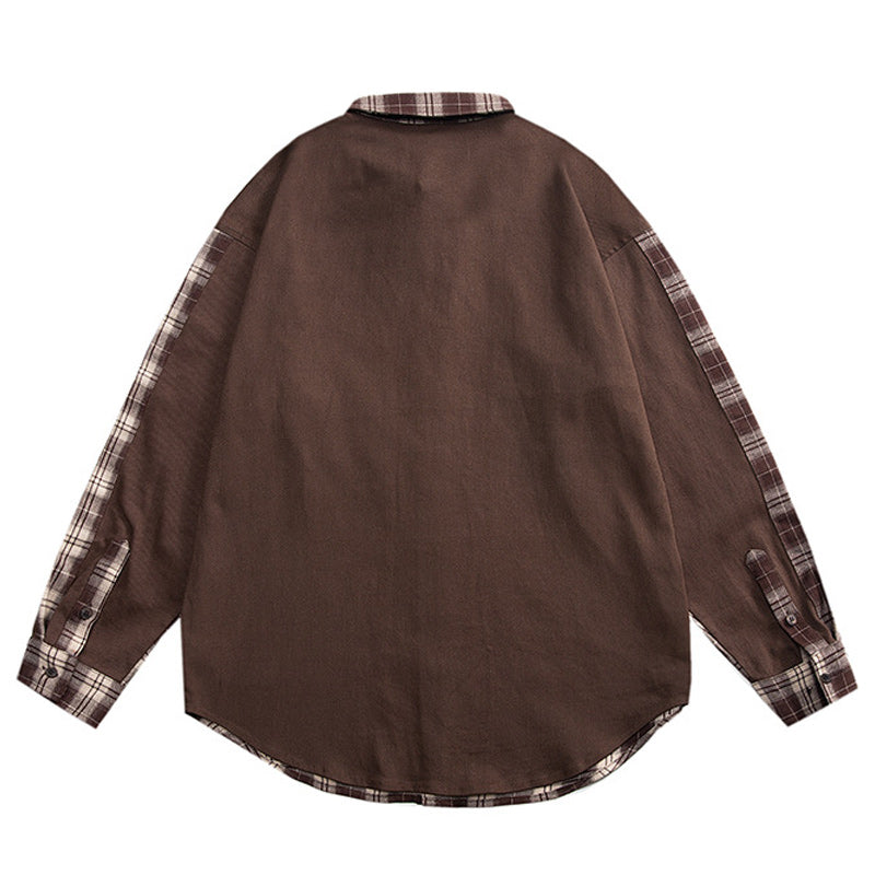 Check and plain long-sleeved shirt