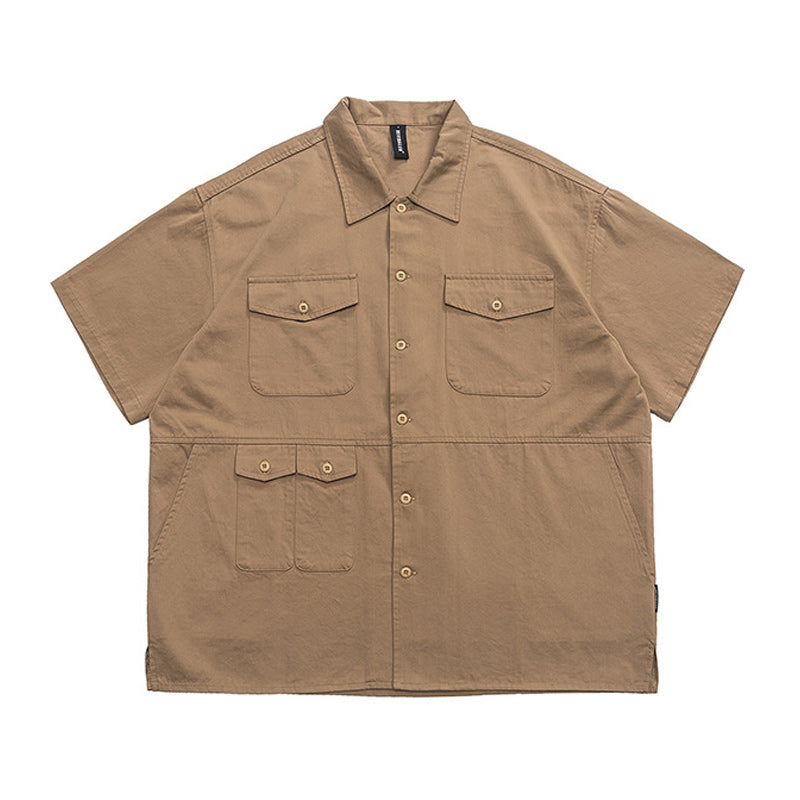 Plain multi-pocket work short-sleeved shirt