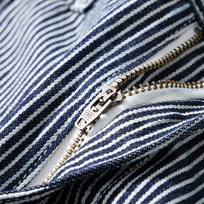 Multi-pocket work pants available in two styles: raw denim and striped denim