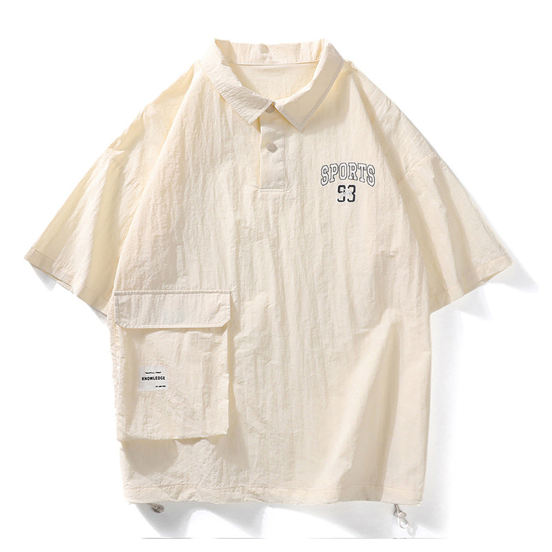 Functional pocket, fold-over neck, button-down casual short-sleeved shirt