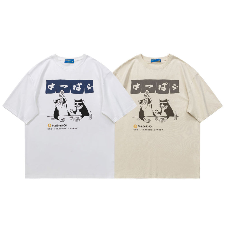 Drinking Cat Print Crew Neck T-Shirt