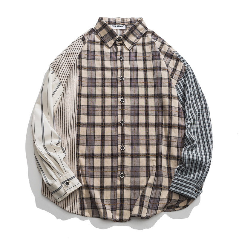 Reconstructed check and stripe combination long-sleeved shirt