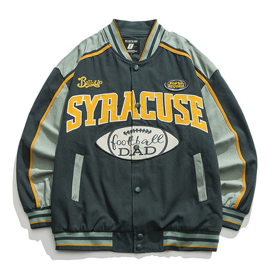 American casual color-coordinated stadium jacket with embroidered badge