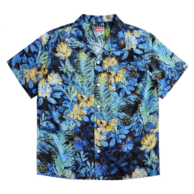 HAWAII ALOHA "Phantom Blue Flowers" Oil Painting Aloha Shirt