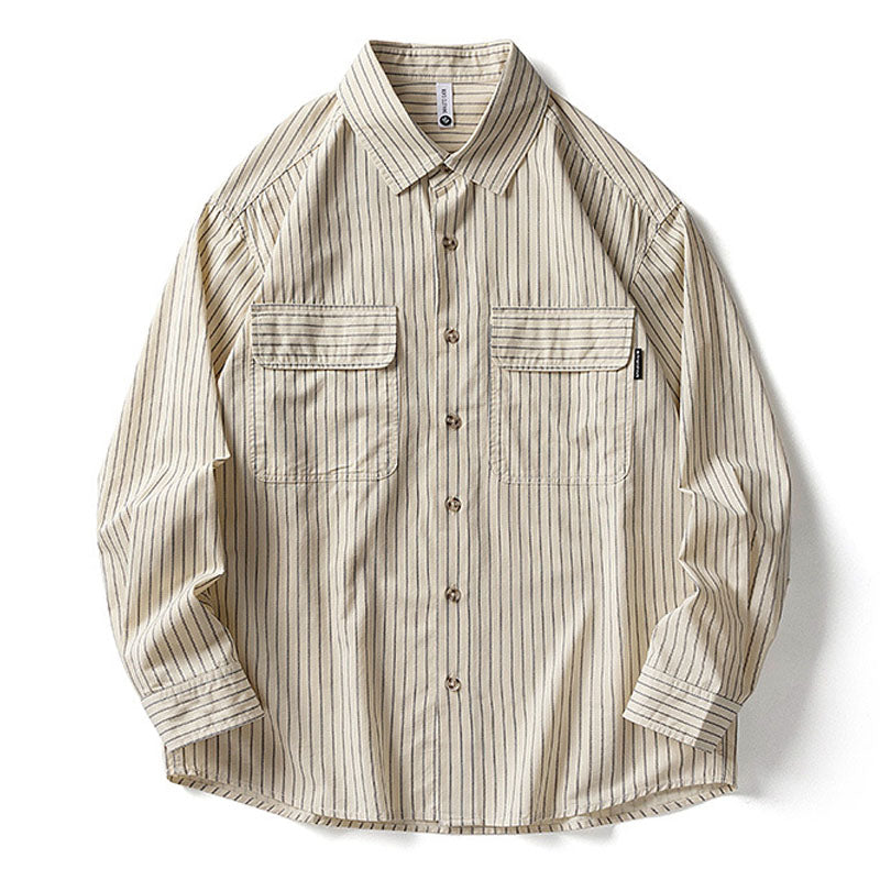 Striped turn-down collar three-dimensional pocket shirt