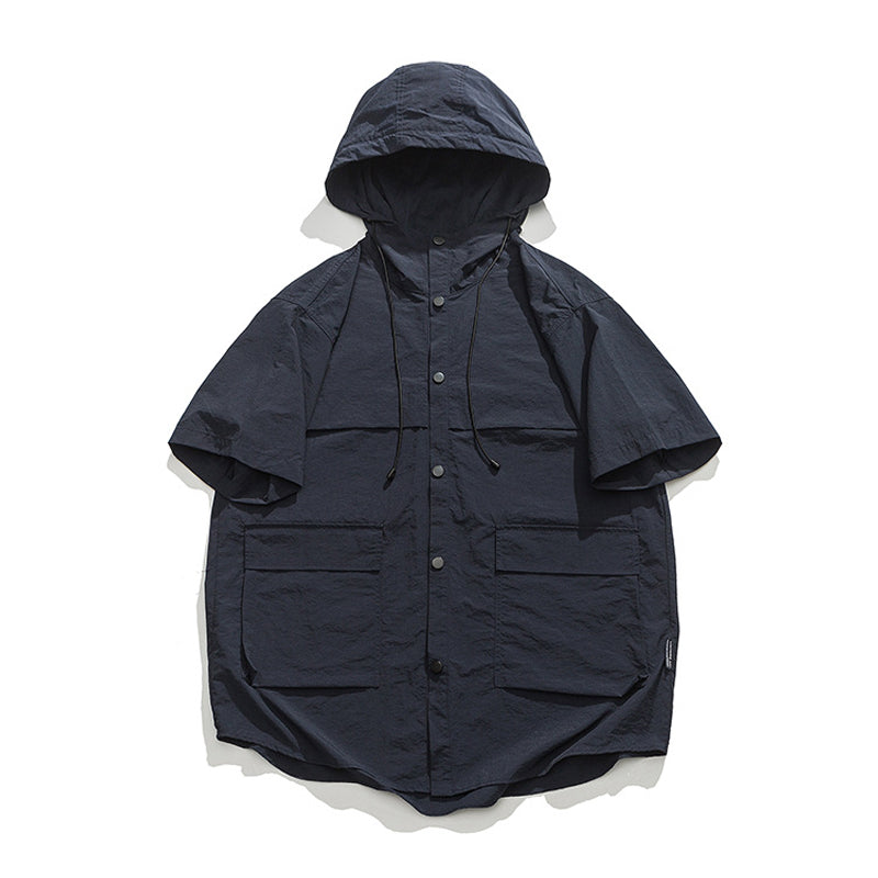 "Play Outside!" Hooded short-sleeved shirt with functional pockets