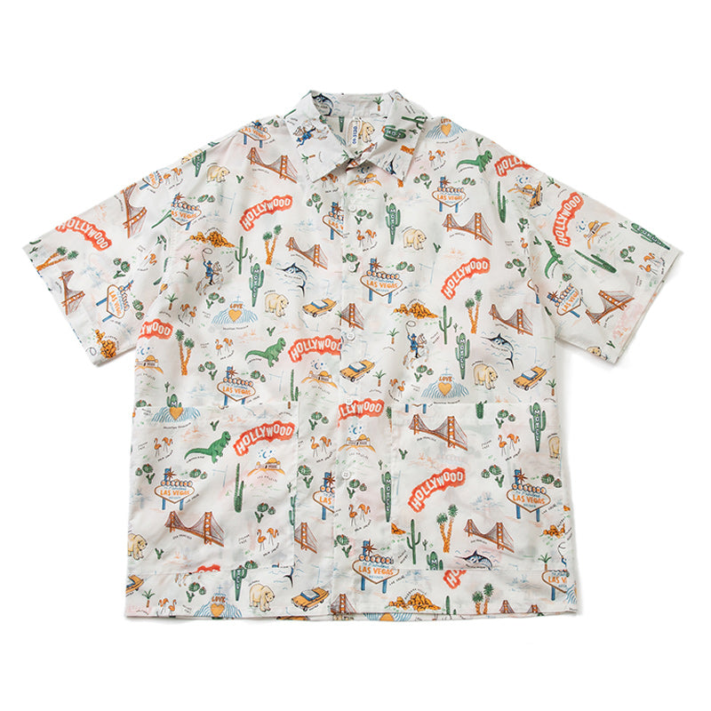Retro Cartoon Print Hawaiian Short Sleeve Shirt