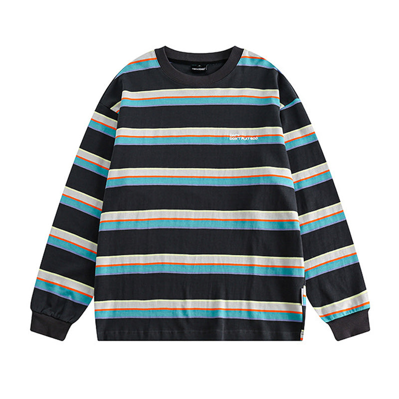 Color-coordinated striped embroidered long-sleeved hoodie