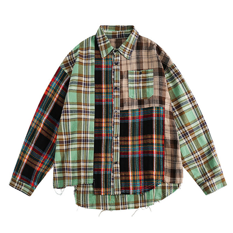 Reconstructed multi-colored irregular patchwork long-sleeved shirt