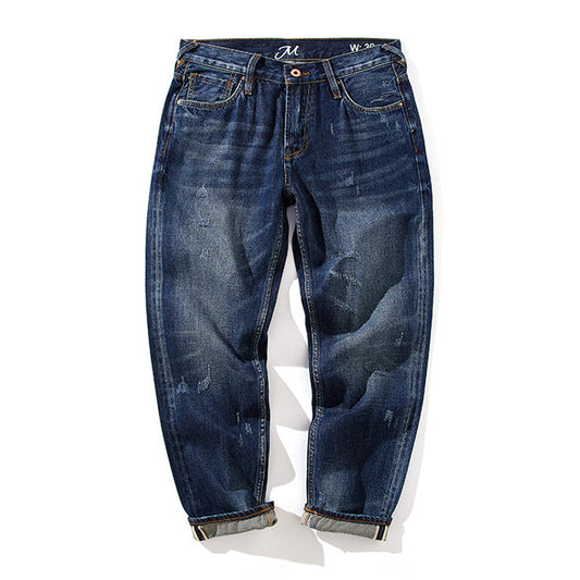 Red-striped, perforated men's jeans, American casual style