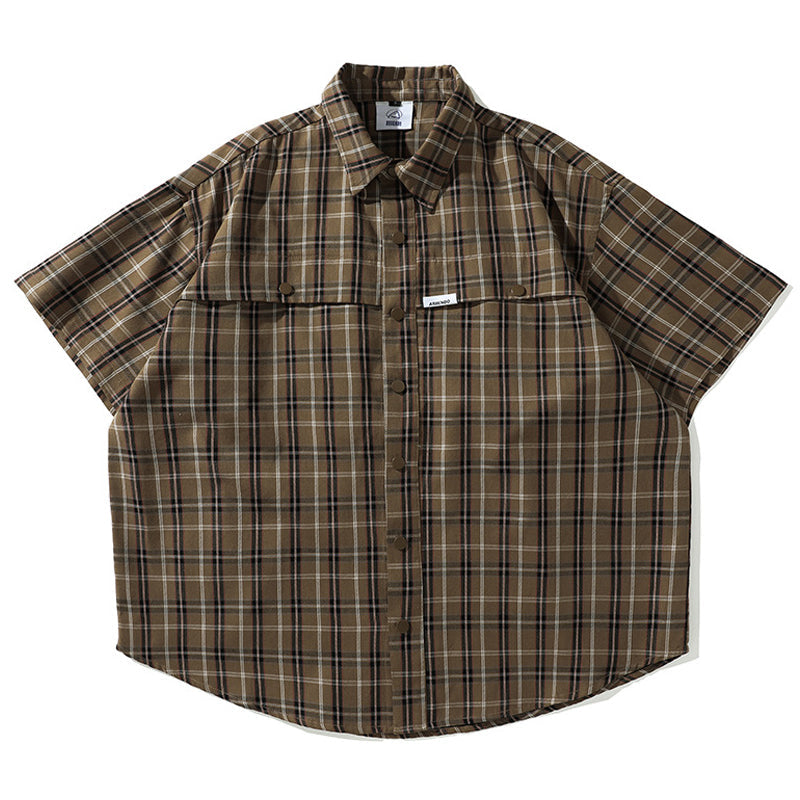 Tartan check short-sleeved shirt with dot buttons