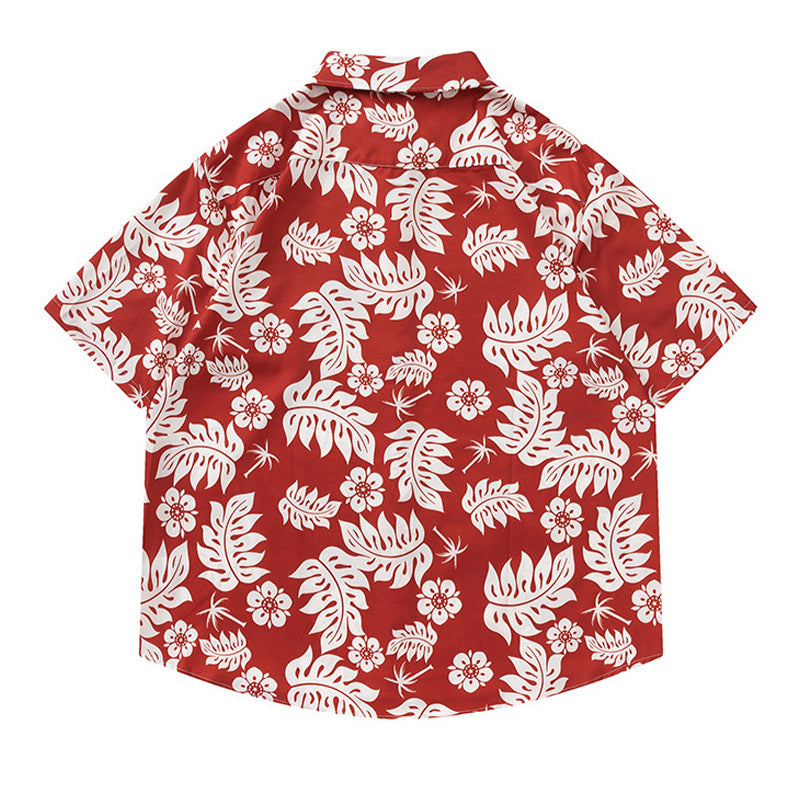 A must-see for fashion! Red leaf print short-sleeved shirt