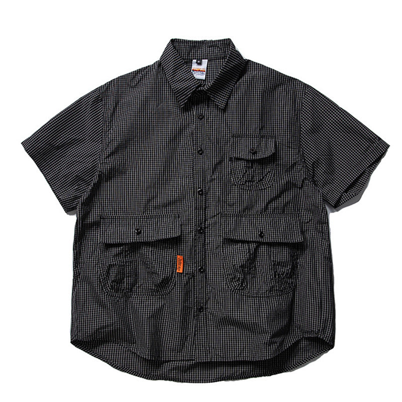 Checkered pocket work short-sleeved shirt