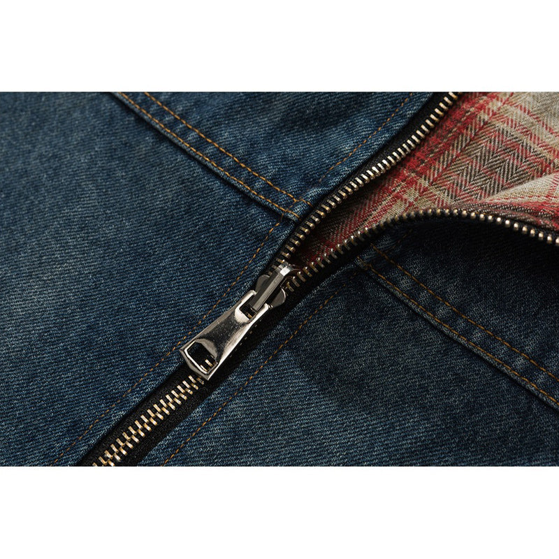 Reversible denim and check pattern 2-way vest