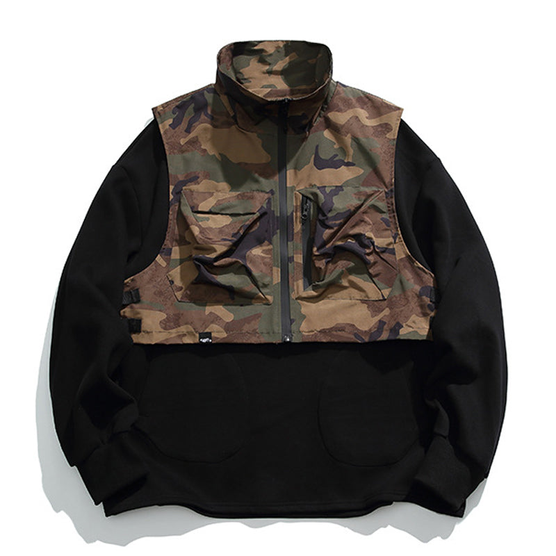 Camouflage high-neck functional vest and plain sweatshirt ensemble