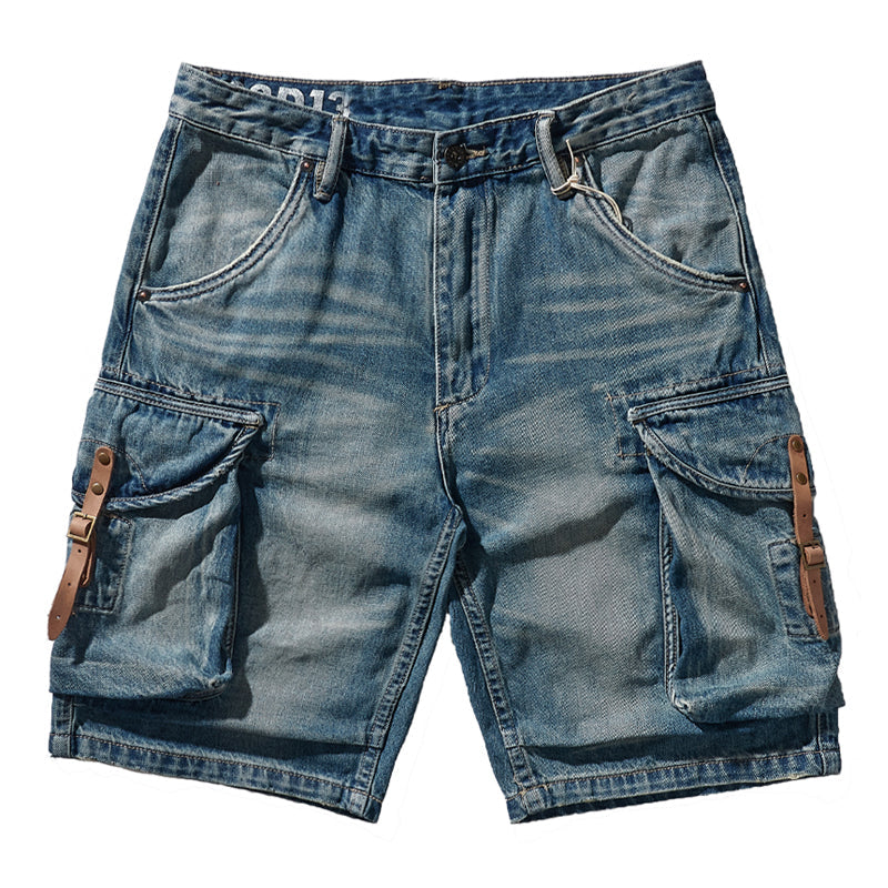 1970s washed denim shorts with leather buckle
