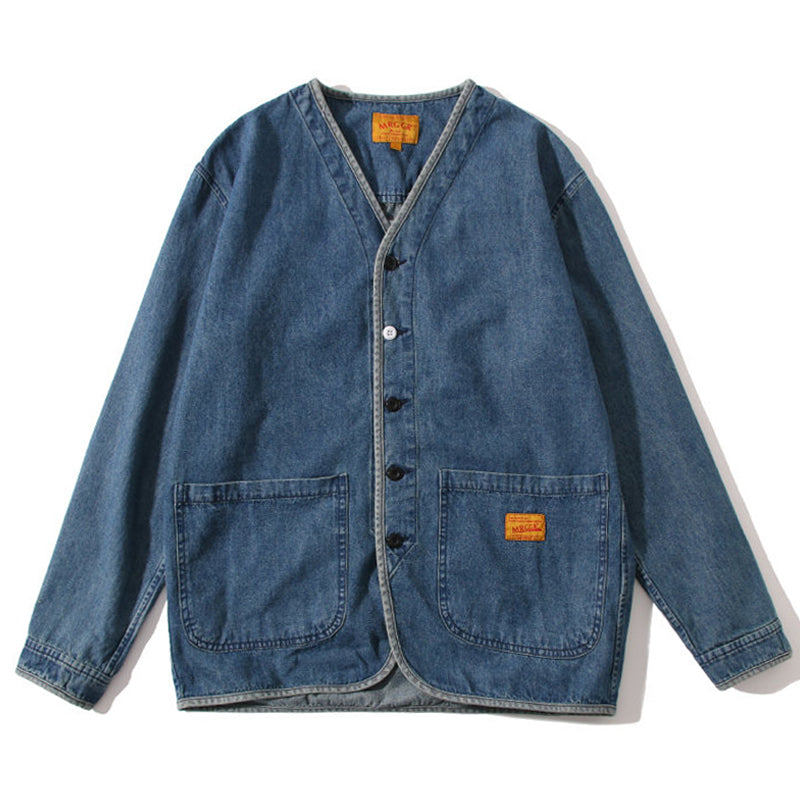 Color-coordinated button collarless denim jacket