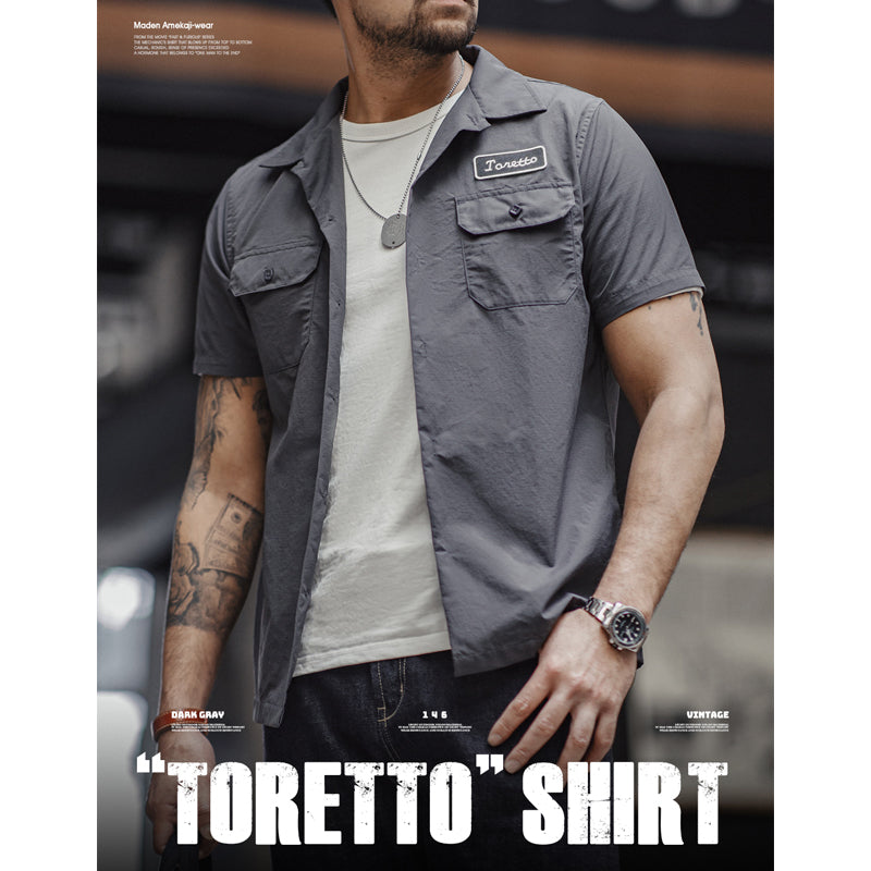 Embroidered tag double pocket work shirt
