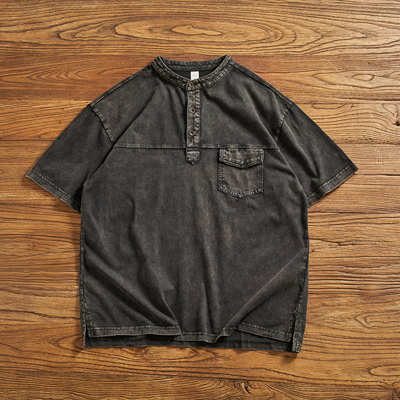 夏新作無地ハーフジップ ウォッシュ加工コットンTシャツ