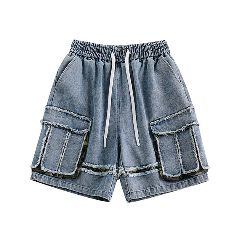 Multi-pocket distressed washed denim shorts