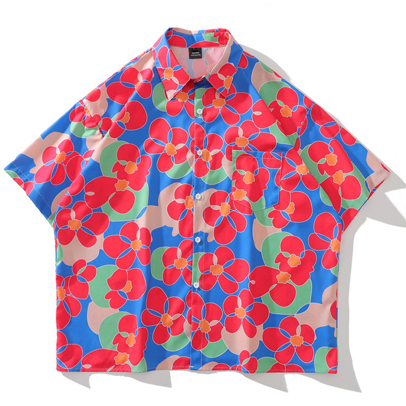 New summer color combination floral print short sleeve shirt