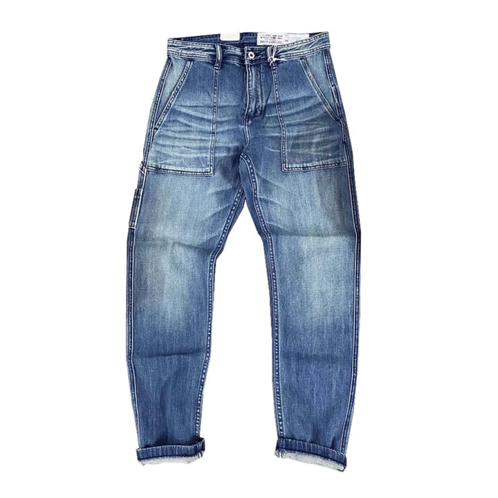 Whiskered and washed patch pocket denim pants