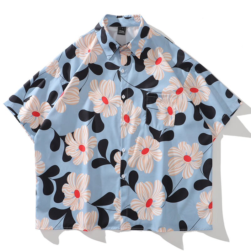 New summer color combination floral print short sleeve shirt