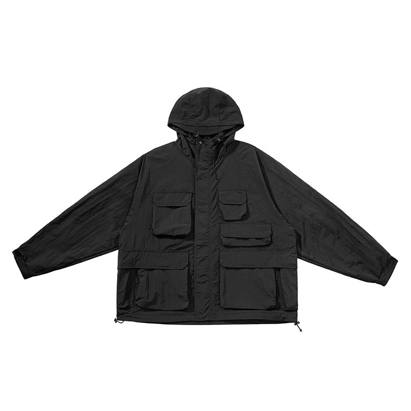 Solid color 3D multi-pocket hoodie cargo coat jacket