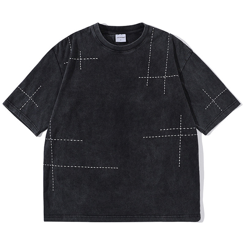不規則刺し子入り 藍染コットンクルーネックTシャツ