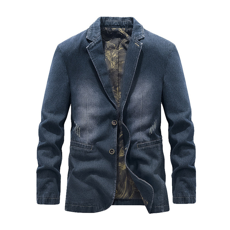 Distressed Leaf Pattern Denim Blazer Jacket