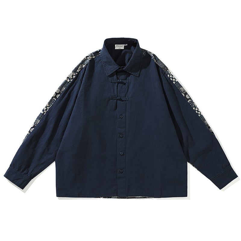 Chinese button long sleeve shirt with vintage patch pattern on the back