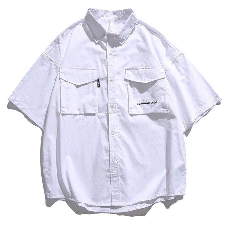 Retro functional large pocket plain work short sleeve shirt