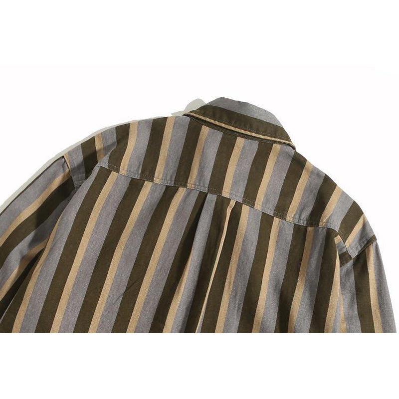 Retro color-block striped cotton long-sleeved shirt