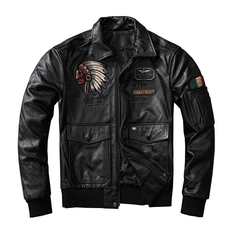 Leather flight jacket with Indian embroidery badge