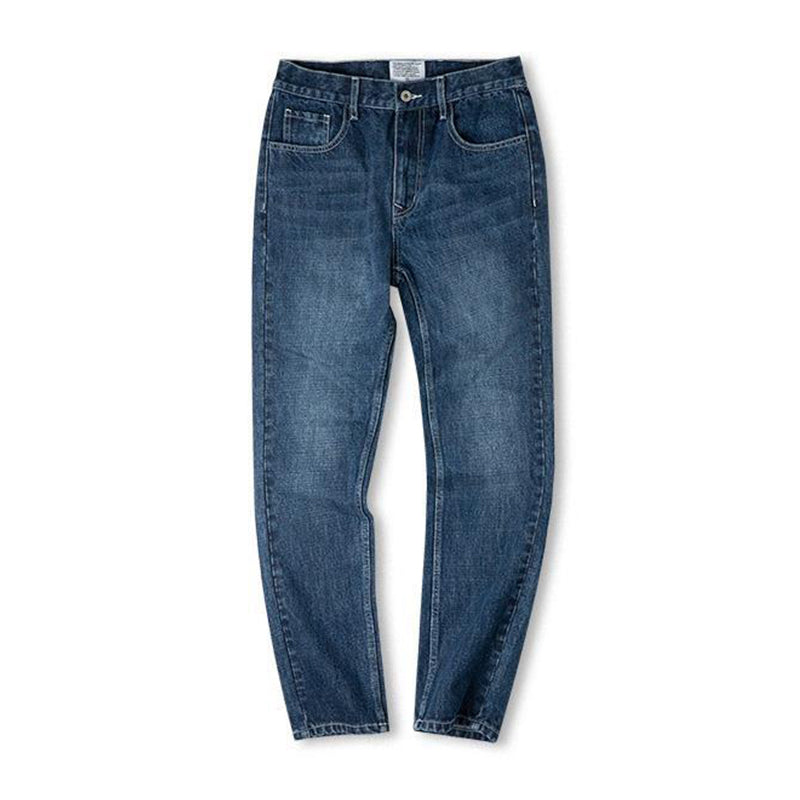 Straight slub denim pants with back cinch