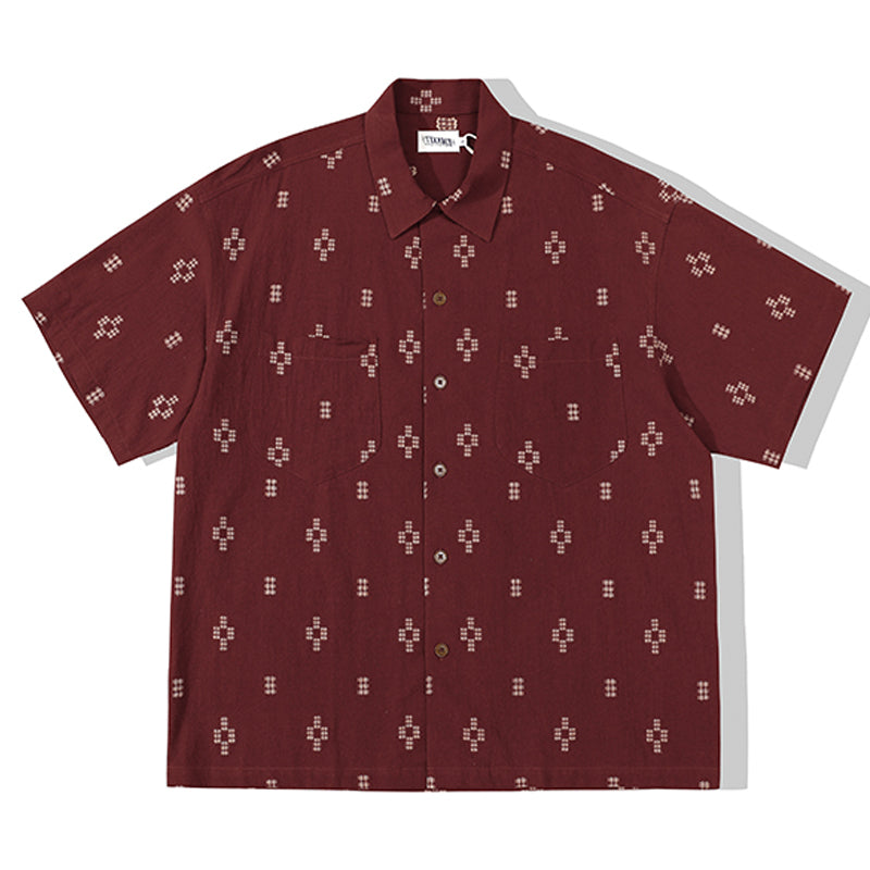 Sashiko-style jacquard cotton-linen short-sleeved shirt