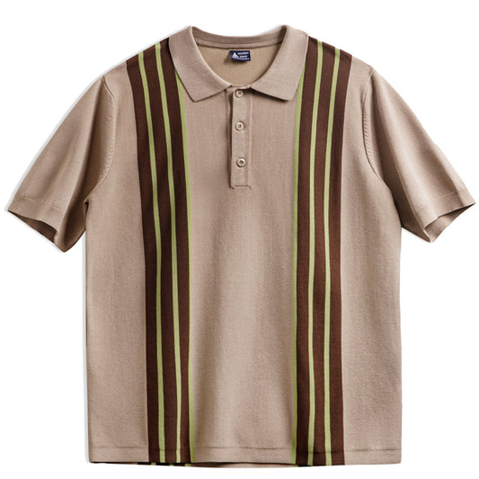 Multi-stripe faux linen knit polo shirt